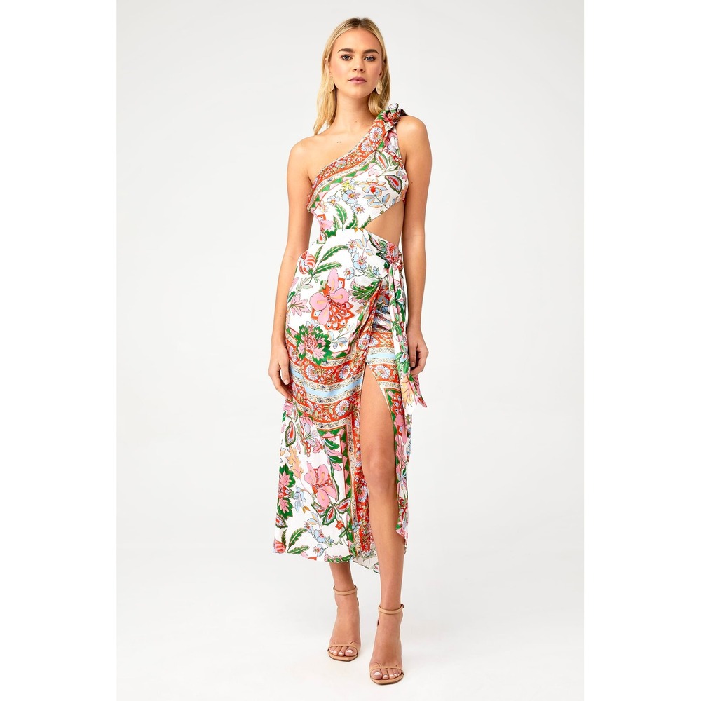 MISA Los Angeles XS One Shoulder Floral Cutout Tie Waist Midi Dress Resort Boho‎